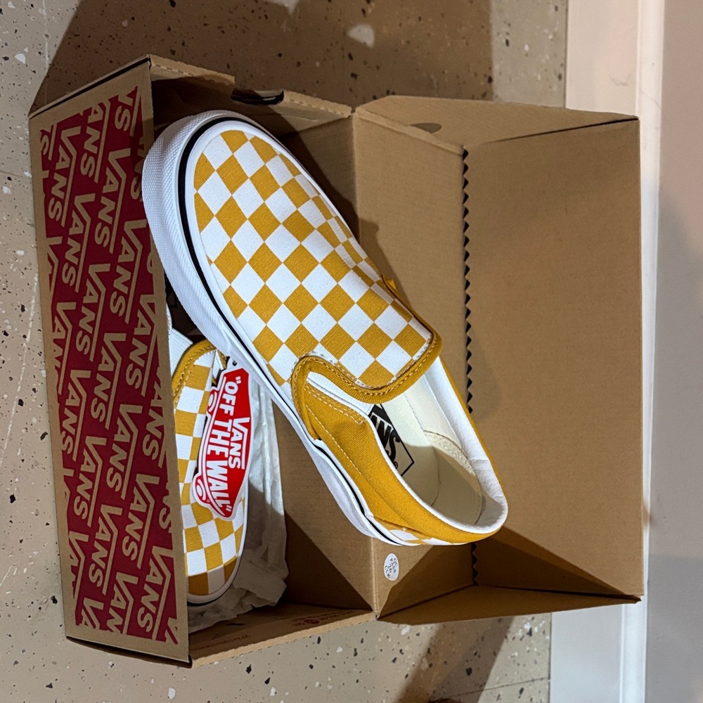 Vans Kids Yellow and White Checkered Slip-On Sneakers